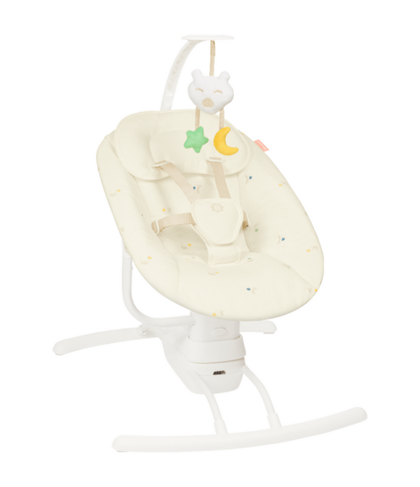 Badabulle Lateral Nursery Baby Swing with remote control- Cream | eight lullabies and a five-point harness for safety 0 – 6 months | Operates on mains (USB cable supplied) or with 4X LR14 batteries