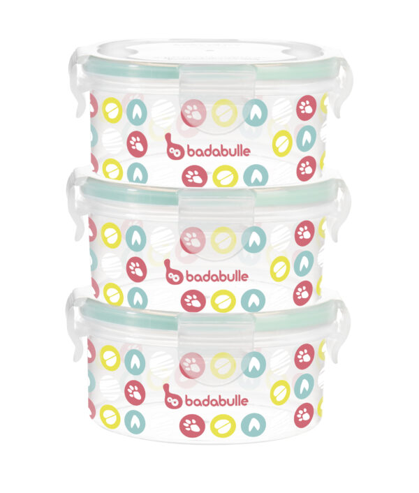 Badabulle – Container Set of 3 | 3 x 300 ml, Ultra – Hermetic Lid | Preserve Meals, Microwave and Freezer Safe | Airtight Seal – Multicolor, Pack of 3