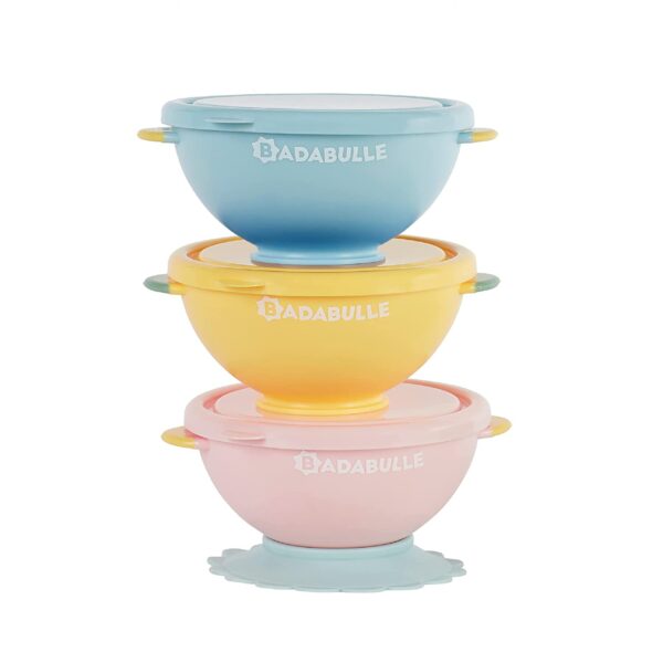 Badabulle – Set of 3 Funcolors Bowls | With lid and 1 non-slip suction base – 330 ml