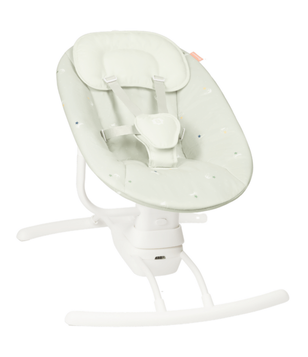 Badabulle Lateral Nursery Baby Swing – Lichen | Eight lullabies and a five-point harness for safety 0 – 6 months | Operates with 4X LR14 batteries