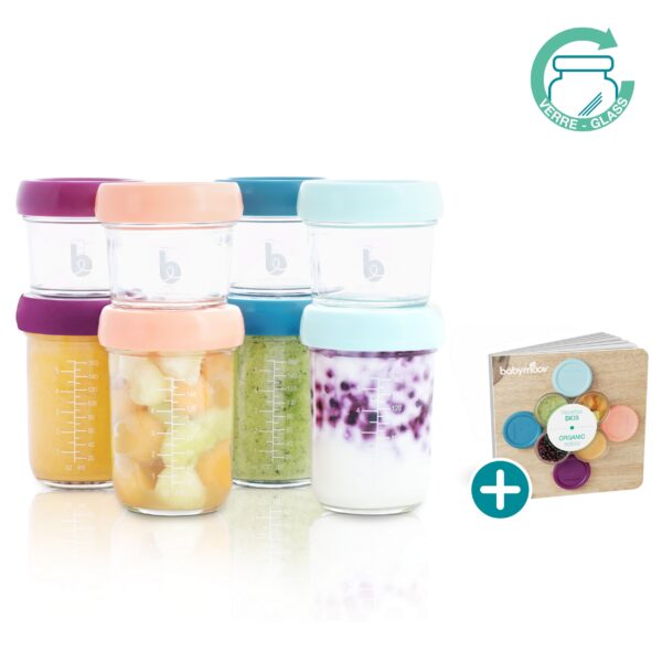 Babymoov – Glass Baby Bowls Multiset | 4 X 240ml + 4 X 120ml Airtight Food Storage Containers with Recipe Book | BPA-Free, Leak-Proof, Stackable, Microwave and Freezer Safe, Reusable | Pack of 8