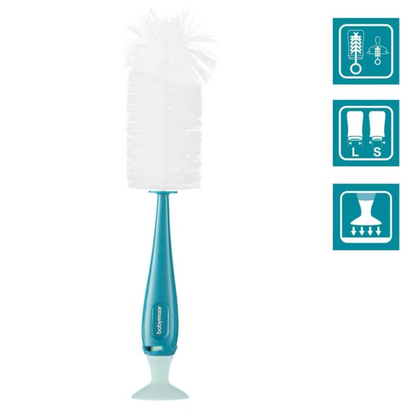 Babymoov – 2in1 Bottle Brush | Easy Cleaning Baby Bottles & Teats, Universal Size | Hygienic, Vertical Dry Feature, Prevents Bacteria Build Up, Baby Feeding Nipple Brush | Blue