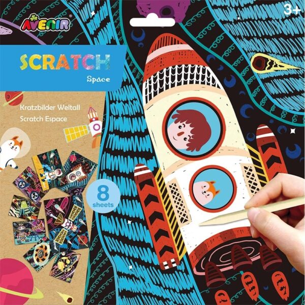 Avenir Scratch Art Kit – Space | Unleash Creativity with Vibrant Drawings! 4 Themed Scratch Boards and Scratch Tool | Watch Brilliant Colors Unfold, Engaging Activity for Young Artists 3+