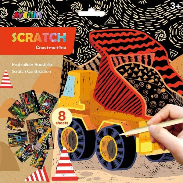 Avenir Scratch Art Kit – Construction | Unleash Creativity with Vibrant Drawings! 4 Themed Scratch Boards and Scratch Tool | Watch Brilliant Colors Unfold, Engaging Activity for Young Artists 3+