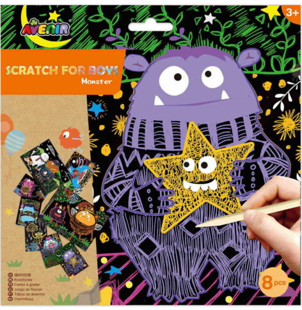 Avenir Scratch Art Kit – Monster | Unleash Creativity with Vibrant Drawings! 4 Themed Scratch Boards and Scratch Tool | Watch Brilliant Colors Unfold, Engaging Activity for Young Artists 3+