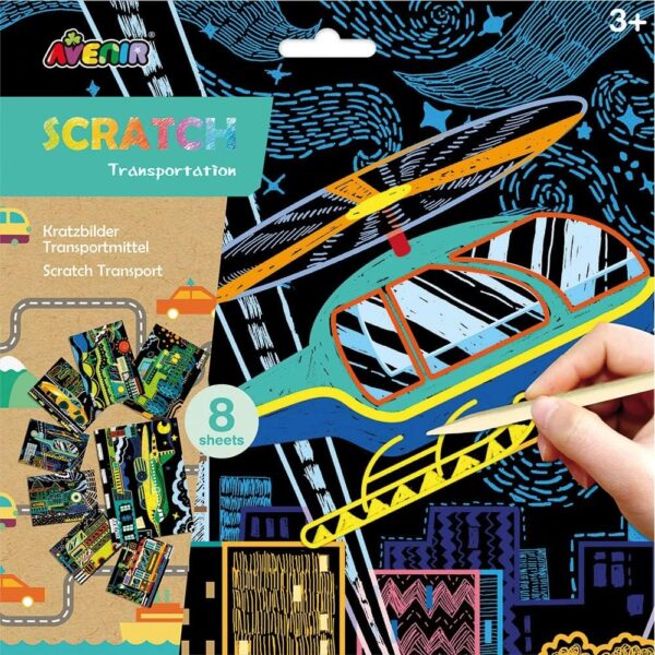 Avenir Scratch Art Kit – Transportation | Unleash Creativity with Vibrant Drawings! 4 Themed Scratch Boards and Scratch Tool | Watch Brilliant Colors Unfold, Engaging Activity for Young Artists 3+