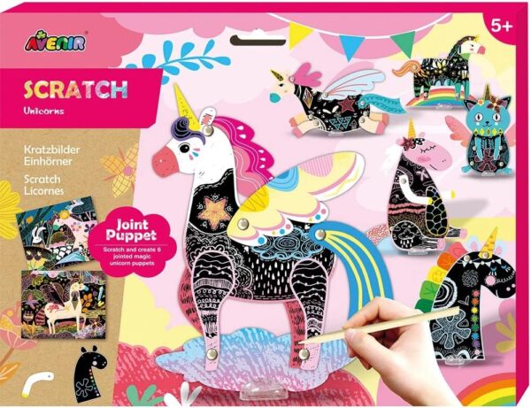 Avenir Scratch – Unicorns | Create Your Own Magical Scratch Art Puppets – 6 Jointed Puppets, 2 Backdrops, and More! | Fun and Interactive Art Project for Kids 3+