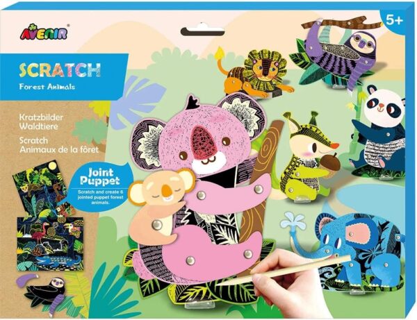 Avenir Scratch – Jungle Animals | Create Your Own Magical Scratch Art Puppets – 6 Jointed Puppets, 2 Backdrops, and More! | Fun and Interactive Art Project for Kids 3+