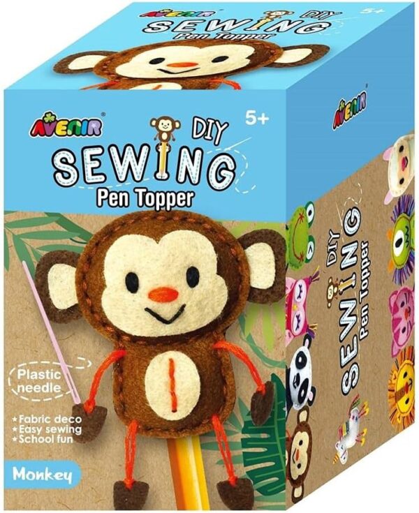 Avenir Sewing Pen Topper – Monkey | DIY Pen Topper Friend Sewing Kit – Hours of Entertainment & Creativity | Tools & Instructions Included, Easy and Fun Activity for Kids +