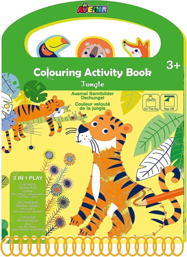 Avenir Coloring Activity Book – Jungle | On-The-Go Coloring Activity Book for Endless Fun and Creativity, 3-in-1 Play – Coloring, Games & Stickers | Ideal Gift for Kids 3+