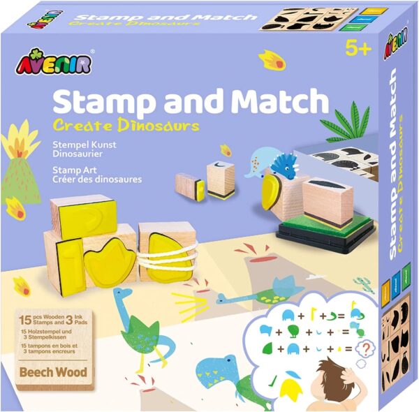 Avenir Stamp and Match – Create Dinosaurs | Craft Imaginative Dinosaurs with 15 Wooden Stamps, Spark Imagination & Cognitive Development | Exciting Craft Kit for Kids 3+