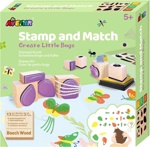 Avenir Stamp and Match – Create Little Bugs | Craft Imaginative Bugs with 15 Wooden Stamps, Spark Imagination & Cognitive Development | Exciting Craft Kit for Kids 3+