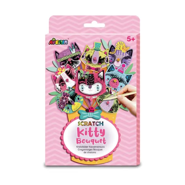 Avenir Scratch Bouquet Kit – Kitty | Themed Fun! Create Personalized Bouquets with Scratch Sheets, Wrapping Paper, and Ribbon | Step-by-Step Instructions for Kids 3+