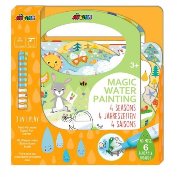 Avenir Magic Water Painting – 4 Seasons | 6 Reusable Coloring Surfaces, 2 Sheets of Repositionable Stickers, and Refillable Water Pen, Easy to Carry | Kids 3+