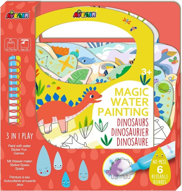 Avenir Magic Water Painting – Dinosaur | 6 Reusable Coloring Surfaces, 2 Sheets of Repositionable Stickers, and Refillable Water Pen, Easy to Carry | Kids 3+