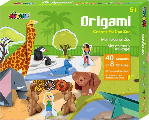 Avenir Origami – Create My Own Zoo | Fold 8 Vivid Animals and Cardboard Characters – 40 Double-Sided Folding Sheets – Big Themed Activities Poster | For Kids 3+