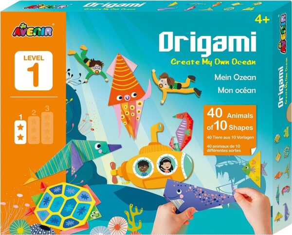 Avenir Origami – Ocean (Level 1) | Create 40 Sea Creatures – Detailed Instruction Booklet for Origami Fun – Giant Ocean Themed Poster with Card Characters for Kids 3