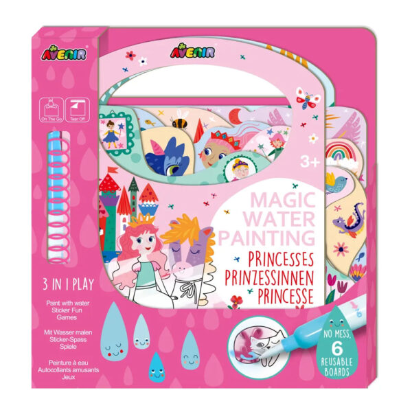 Avenir Magic Water Painting – Princesses | 6 Reusable Coloring Surfaces, 2 Sheets of Repositionable Stickers, and Refillable Water Pen, Easy to Carry | Kids 3+