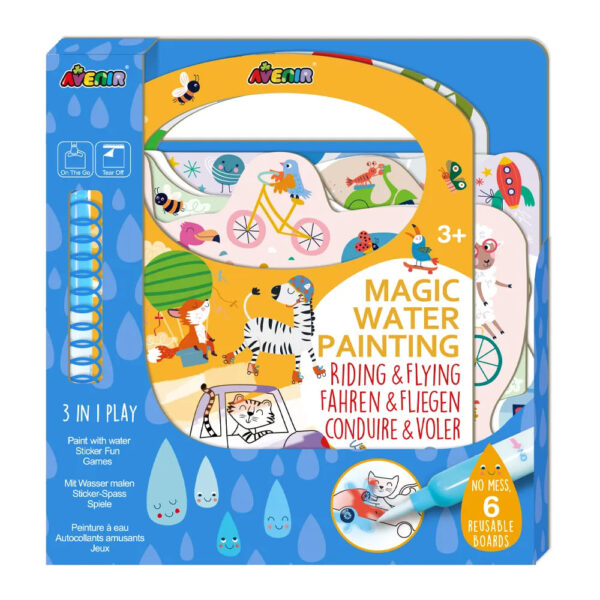 Avenir Magic Water Painting – Riding & Flying | 6 Reusable Coloring Surfaces, 2 Sheets of Repositionable Stickers, and Refillable Water Pen, Easy to Carry | Kids 3+