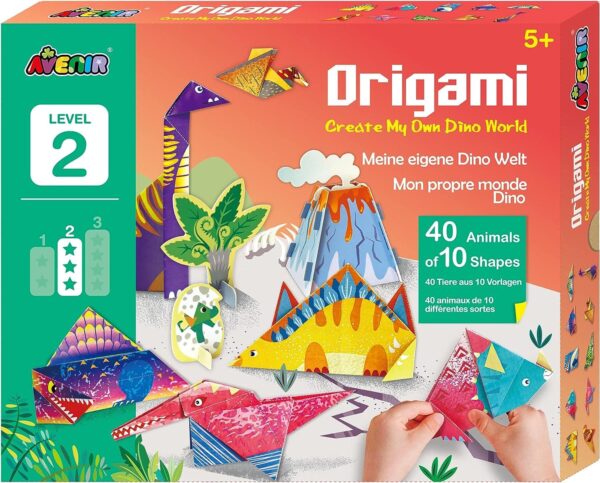 Avenir Origami – Dino World (Level 2) | Create 40 Roaring Dinosaurs – Detailed Instruction Booklet for Origami Fun – Giant Prehistoric Themed Poster with Card Characters for Kids 3+