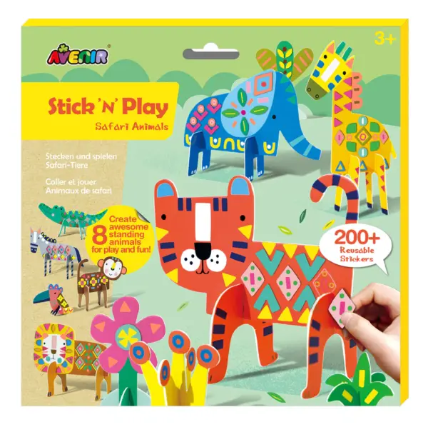 Avenir Stick ‘N Play Series – Safari Animals | 200+ Reusable Stickers for Endless Fun! Create Play Scenes with 8 Illustrated Theme Cards, Make Your Own Animal Figures | For Kids 3+