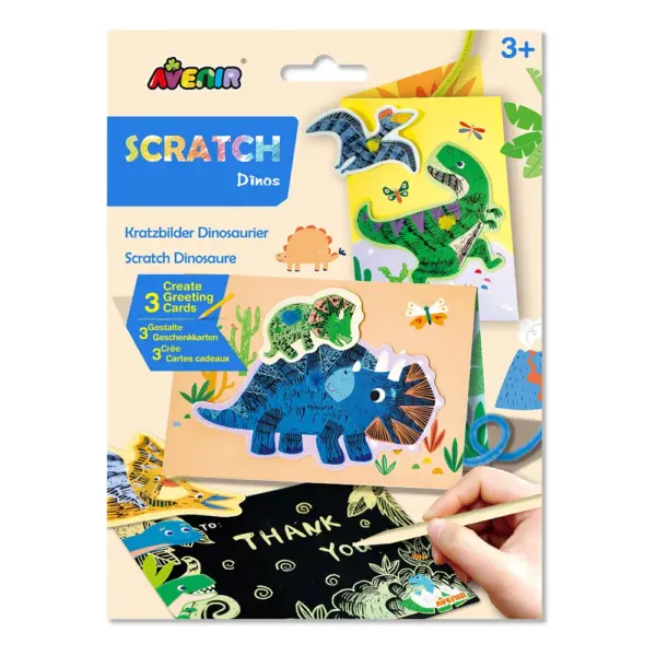 Avenir Scratch – Dinos | Arts & Crafts, Greeting Cards Set | Make Beautiful Greetings Cards | Scratch Art 3+