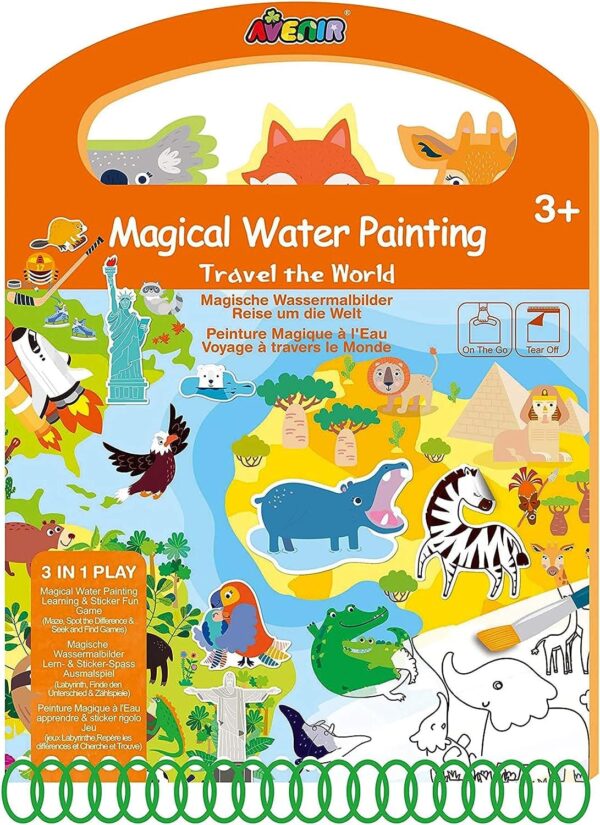 Avenir Magical Water Painting – Travel the World | On-The-Go Coloring Activity Book for Endless Fun and Creativity, 3-in-1 Play – Coloring, Games & Stickers | Ideal Gift for Kids 3+