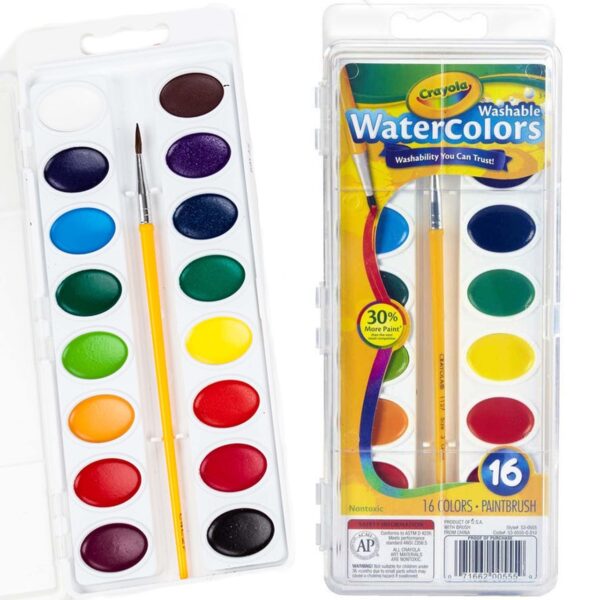 Crayola Washable Watercolors Pans with Plastic Handled Brush, 16 Count