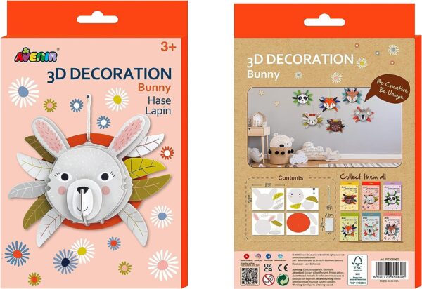 Avenir 3D Decoration – Bunny Kit | Turn Your Wall into a Zoo! Create 3D Decorations with Pre-Cut Cardboard Puzzle Pieces | Thoughtful and Creative Gift Option for Kids 3+