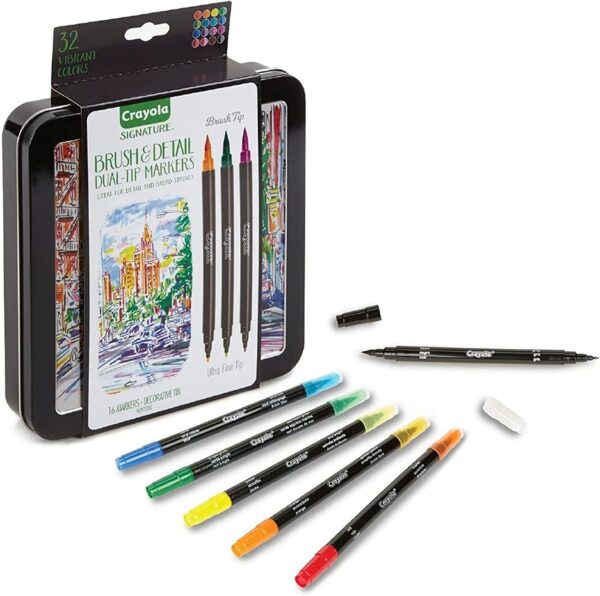 Crayola Brush & Detail Dual Tip Markers, Kids At Home Activities, 32 Colors, 16 Count