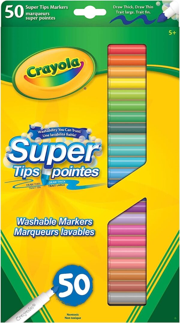 Crayola – SuperTips Washable Markers 50pc | Vibrant Ink, Perfect for Writing, Drawing, Coloring, Shading, and Blending – Ideal for Any Art Project – Safe, Nontoxic, and Easily Washable Formula| Ages 3+