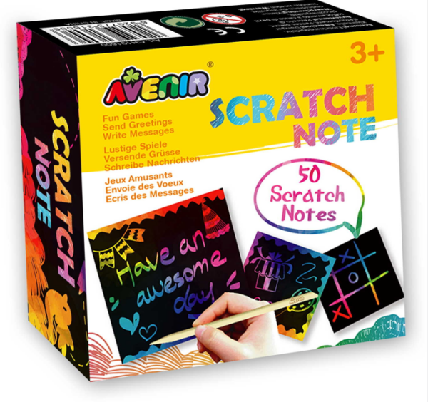 Avenir – Scratch Note 50 scratch cards | fantastic way for kids and adults alike to express their creativity! Play fun games like tic-tac-toe, send cute greetings to friends and family, write messages that jump out with rainbow colours! | includes an easy-to-grasp scratch tool, and a wiping cloth. Cards measure 3.5″ x 3.5″. For ages 3 years and up.