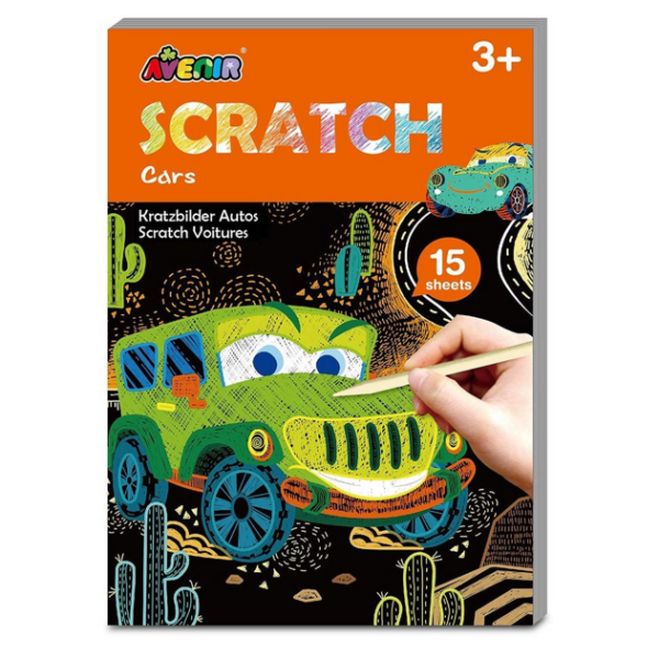 Avenir – Mini Scratch Book – Cars | Introducing the “Mini Scratch Book: Cars Edition” — a journey through 15 pages of creativity and wonder! Unleash your imagination as you scratch to reveal vivid colors, bringing a touch of enchantment to every page | Ages 3+