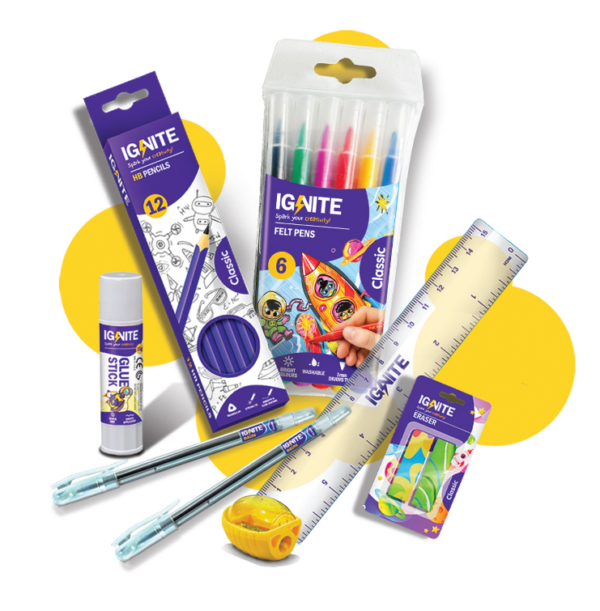 IGNITE – Young Learners Writing Kit | is designed to inspire creativity and artistic expression in young children | Triangular HB Pencils 12 Pack, Classic Felt Pen 6 color, Flash Pens 2 Pack, Duo Eraser, Sharpener, Ruler (6 inches), Glue Stick 15g | Ages 3+