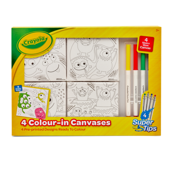 Crayola 4 Colour – in Canvases – Monsters with 4 Crayola super tips | Set provides a fun and safe creative outlet for children | This unique Paint Set for kids includes 4 Color Super Tips, and 4 (12cm x 12cm) Canvas, with everything they need to unleash their artistic talents | Ages 3+