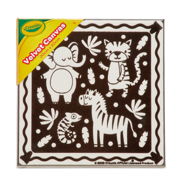 Crayola Velvet CYO Canvas 20x20cm – Jungle | The canvas comes pre-printed with engaging jungle-themed illustrations, providing a starting point for artistic exploration and storytelling | Ages 3+