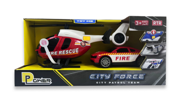 D-Power Helicopter & Sports Car 1:14 Scale Firemen Playset – Red | Elevate the excitement with this 1:14 scale Firemen Playset |  Requires Batteries: 3x LR44 batteries included | Ideal gifts ages 3+