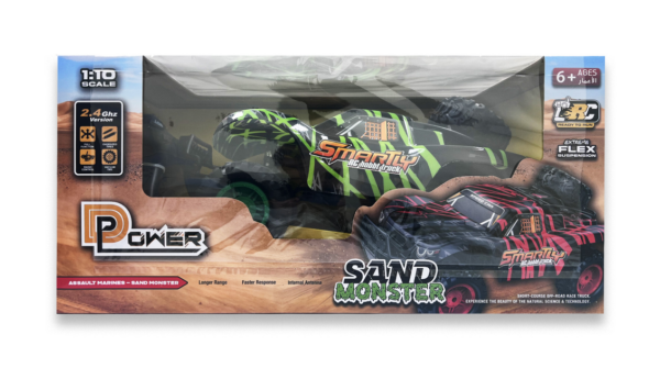 D-Power 1:10 R/C 2.4G Sand Monster Car with USB Cable Remote Controller – Green | Extreme Flex Suspension | Ages 6+ up